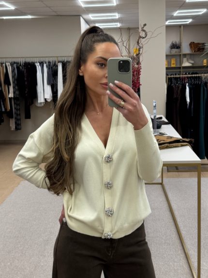 Elegantiškas kardiganas su dekoratyvinėmis sagomis (kreminis, mėtinis, žydras)