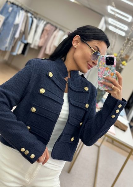 Tamsiai mėlynas trumpintas military stiliaus švarkas su auksinėmis sagomis